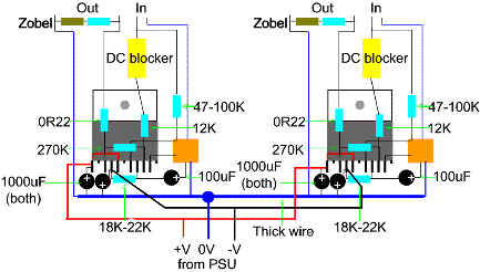 LM3886 circuit layout (both channels.