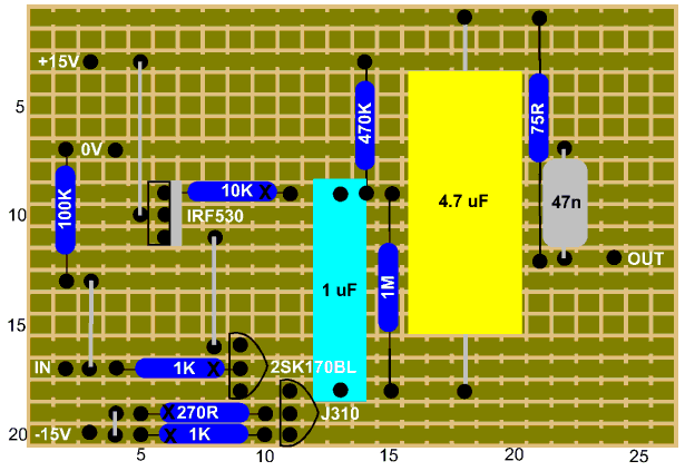The stripboard layout for the discrete Jfet buffer