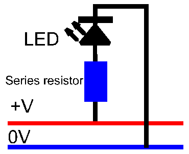 Circuit diagram for connecting LED to power rails.