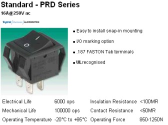 Technical details of a mains rocker switch.