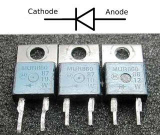 MUR860 rectifier diodes with a diagram of a dode indicating anode and cathode.