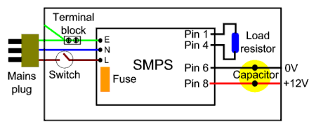 Skynet 8080 SMPS as set up for a 12 volt supply.