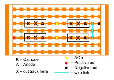 Layout of stripboard  bridge rectifier.