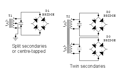 Circuits for centre-tapped, anddual secondary transformers showing addition of cpacitor in parallel with secondary widings.