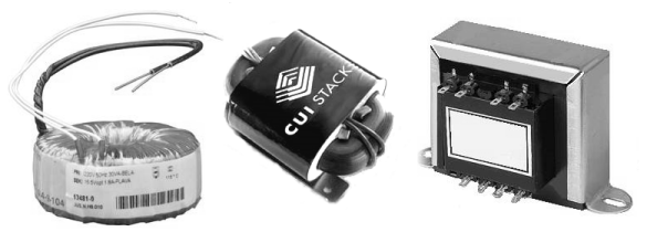 Three different types of tranformer: toroidal, R-Core, and laminated core (or EI).