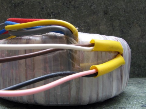 Toroidal transformer showing the twin primary connections.