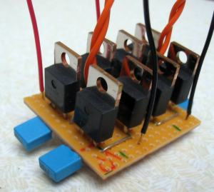 Two rectifier bridges built onto a piece of stripboard.